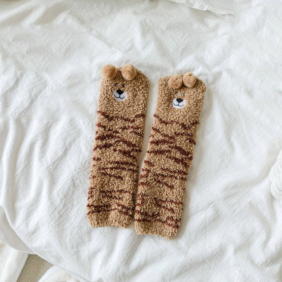 Gymayou Women Cute Fuzzy Socks Cozy Slipper Sock Winter Warm Fluffy Funny Animals Sleeping Socks Brown One Size
