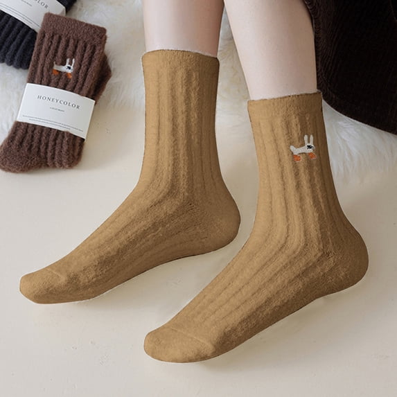 Gymayou Women Embroidered Coral Velvet Crew Socks Soft Fluffy Winter Home Socks For Indoor Outdoor