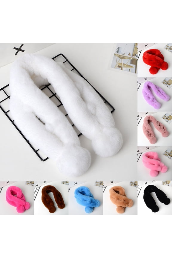 Women Fluffy Faux Fur Neck Scarf With Pom Pom Ball Slip-On Cross Plush Neck Warmer Cold Weather Neck Wrap