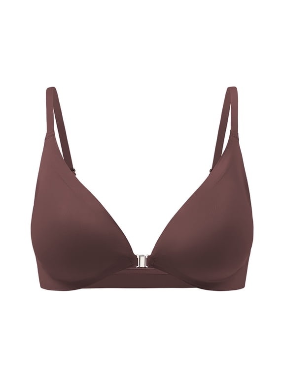 Women Front Clasp Wireless Bra Deep V Thin Adjustable Spaghetti Strap Seamless Bralette Light Thin Summer Bras Brown S