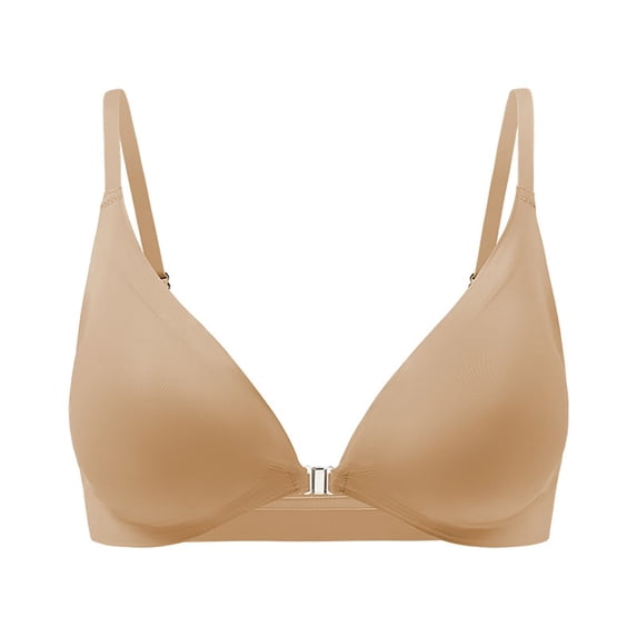 Gymayou Women Front Clasp Wireless Bra Deep V Thin Adjustable Spaghetti Strap Seamless Bralette Light Thin Summer Bras Gold L