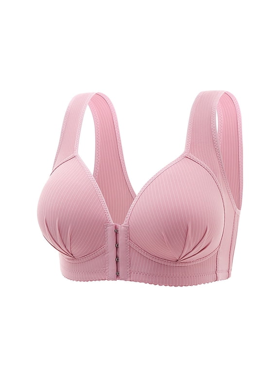 Women Front Closure Wireless Bra Thin Striped Minimizer Bra For Large Bust Side Support Underwire Soft Bralette Pink E