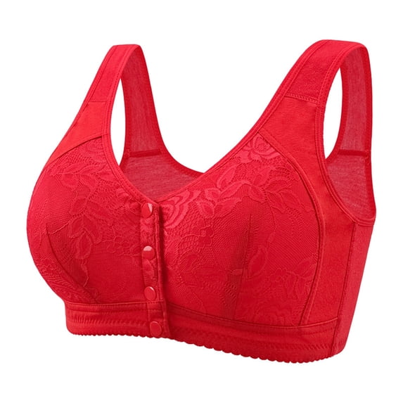 Gymayou Women Front Closure Wireless Bra No Underwire Comfort Senior Snap Closing Bra Breathable Everyday Sleep Bra Wide Strap Elderly Ladies Support Red#2 S