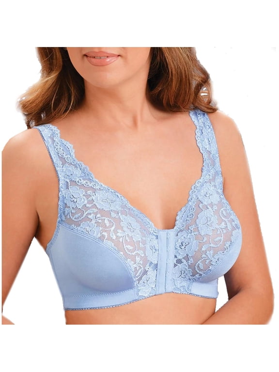 Women Front Hook Lace Splicing Wireless Bra Back-Smoothing Raceback Support Bralette Wide Strap Front Closure Light Blue L