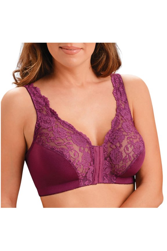 Women Front Hook Lace Splicing Wireless Bra Back-Smoothing Raceback Support Bralette Wide Strap Front Closure Purple 2XL