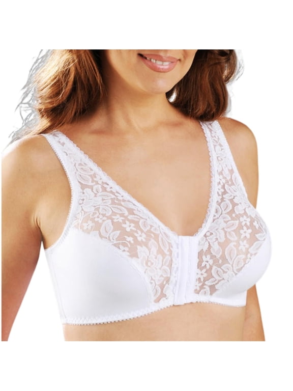 Women Front Hook Lace Splicing Wireless Bra Back-Smoothing Raceback Support Bralette Wide Strap Front Closure White L
