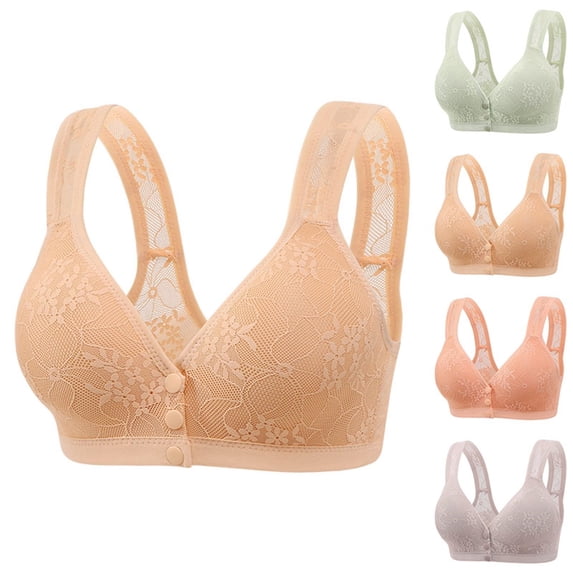 Gymayou Women Front Snap Wireless Bra Lace V Neck Gentle Push Up Anti-Sagging Underarm Smoothing Breathable Bras Beige 36B