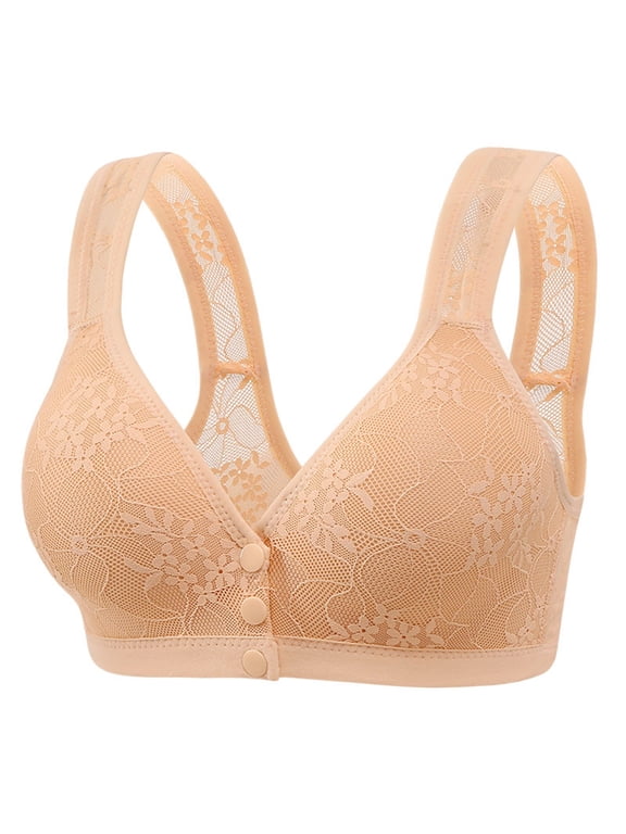 Women Front Snap Wireless Bra Lace V Neck Gentle Push Up Anti-Sagging Underarm Smoothing Breathable Bras Beige 40B
