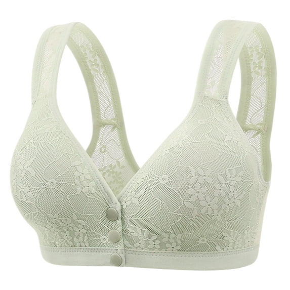 Gymayou Women Front Snap Wireless Bra Lace V Neck Gentle Push Up Anti-Sagging Underarm Smoothing Breathable Bras Green 36B