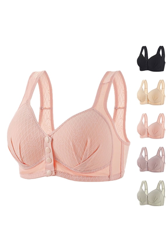 Women Full Coverage Front Closure Comfort Wireless Bra Floral Mesh Lace No Underwire Front Button Bralette Adjustable Wide Strap Intimates for Elderly Beige 36