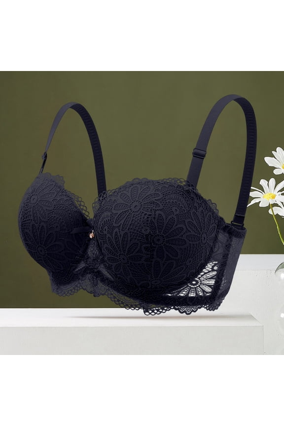 Women Half Cup Floral Lace Push Up Bra Underwire Support Adjustable Straps Underarm Smoothing Bras Black 80