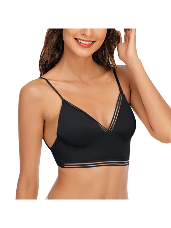 Women Ice Silk Thin Low Back Bralette Wireless V Neck Triangle Cup Bra Adjustable Spaghetti Straps Backless Bra Black S