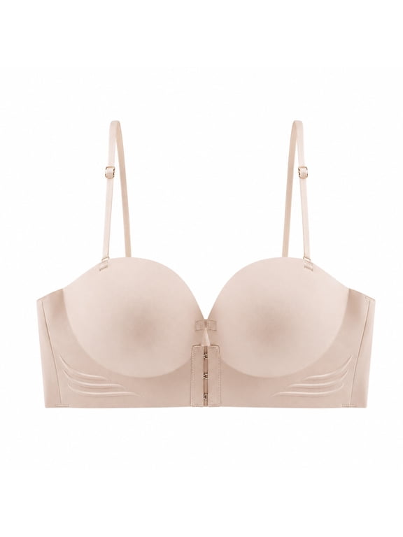 Women Jelly Strapless Front Closure Bra Wireless Padded Bralette With Removable Spaghetti Straps Beige M