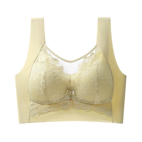 Gymayou Women Lace Wireless Vest Bra Push Up Lift Support Bralette For Small Bust Wide Strap Mesh V Neck Bras Yellow 4XL