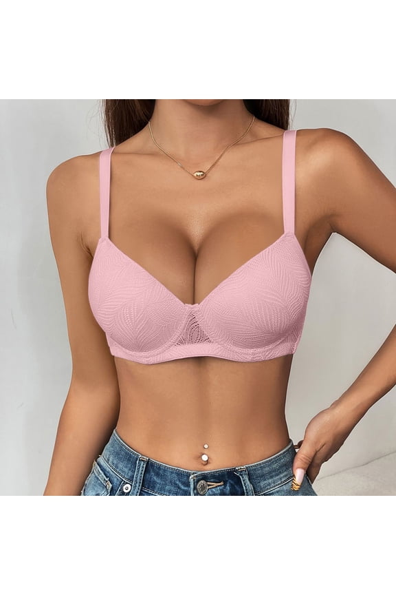 Women Low Cut Underwire Push Up Bra Half Cup Comfort Lingerie Adjustable Thin Strap Deep V Gathering Support Bra Pink 80B