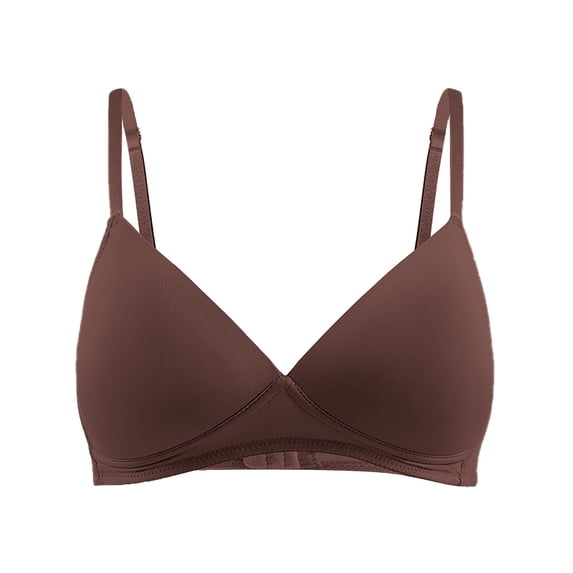 Gymayou Women Low Cut V Neck Wireless Bra Adjustable Spaghetti Strap Smooth Triangle Bralette Comfort Bra Coffee F