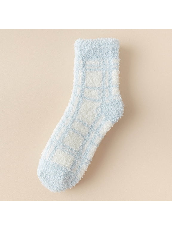 Women Plaid Fluffy Fuzzy Socks Winter Cozy Soft Warm Socks Soft and Comfortable Light Blue One Size