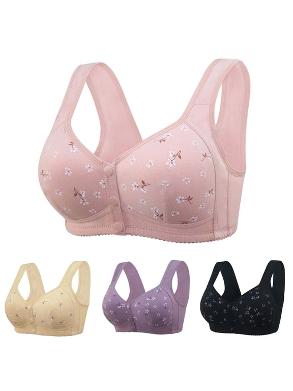 Women Plus Size Front Snap Wireless Bra Floral Print Vest Style Bralette Gentle Gathering Support Front Closure Bras Beige 54