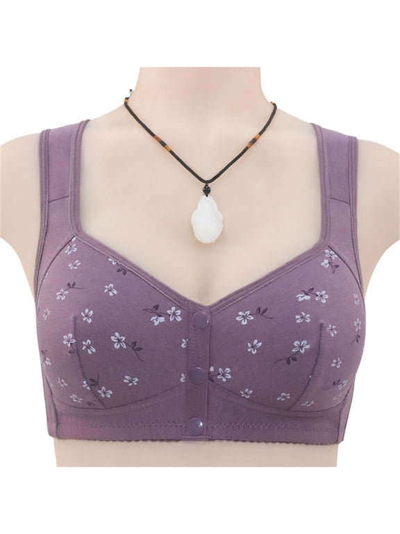 Women Plus Size Front Snap Wireless Bra Floral Print Vest Style Bralette Gentle Gathering Support Front Closure Bras Purple 56