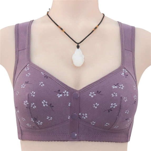 Gymayou Women Plus Size Front Snap Wireless Bra Floral Print Vest Style Bralette Gentle Gathering Support Front Closure Bras Purple 62