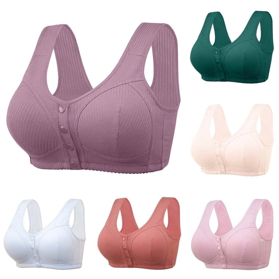 Gymayou Women Plus Size Front Snap Wireless Bra Ribbed Seamless Lift Bralette Side Support Front Closure Comfort Lingerie Pink L
