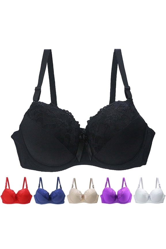 Women Plus Size Thin Lace Splice Underwire Bra Floral Embroidery Lace Push Up Full Coverage Bra Adjustable Strap Bras Beige 100D