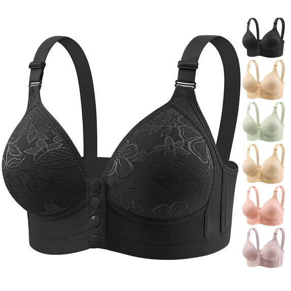 Gymayou Women Plus Size Wireless Minimizer Bra Thin Breathable Floral Lace Front Button Closure Adjustable Straps Beauty Back Comfort Lingeries Beige 100