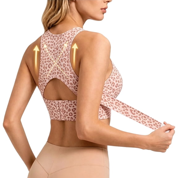 Gymayou Women Printed Posture Corrector Bras Front Closure Cross Back Seamless Bra Pink S
