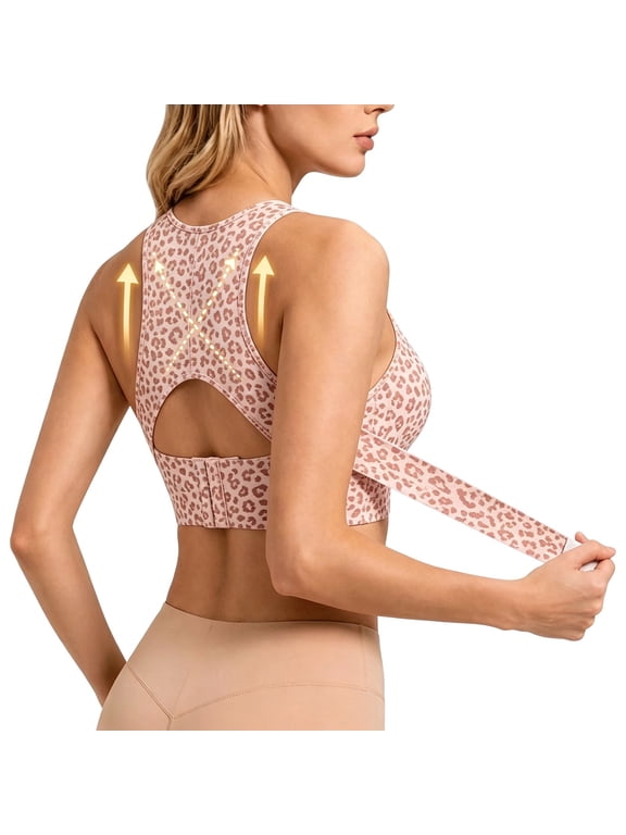 Women Printed Posture Corrector Bras Front Closure Cross Back Seamless Bra Pink S