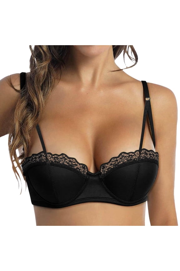 Women Satin Half Cup Underwire Bra Lace Trim Anti-Sagging Side Support Lingerie Adjustable Straps Push Up Bras Black 34