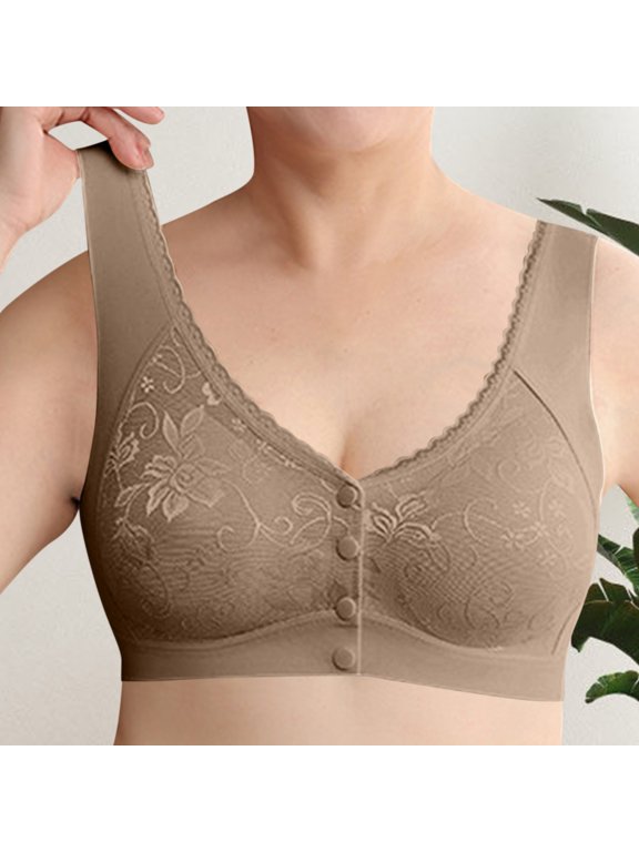 Women Seamless Front Button Wireless Vest Bra for Middle-Aged Ladies Floral Jacquard Easy Front Snap Wide Strap Full Coverage Comfort Bralette Khaki XL