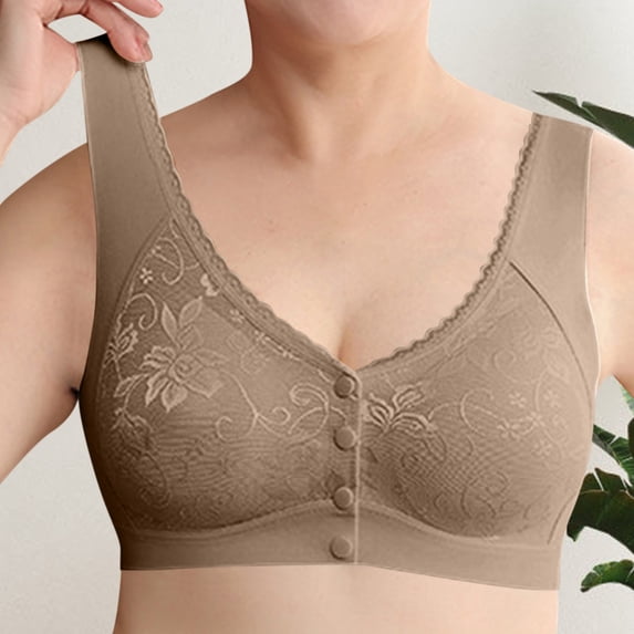 Gymayou Women Seamless Front Button Wireless Vest Bra for Middle-Aged Ladies Floral Jacquard Easy Front Snap Wide Strap Full Coverage Comfort Bralette Khaki L