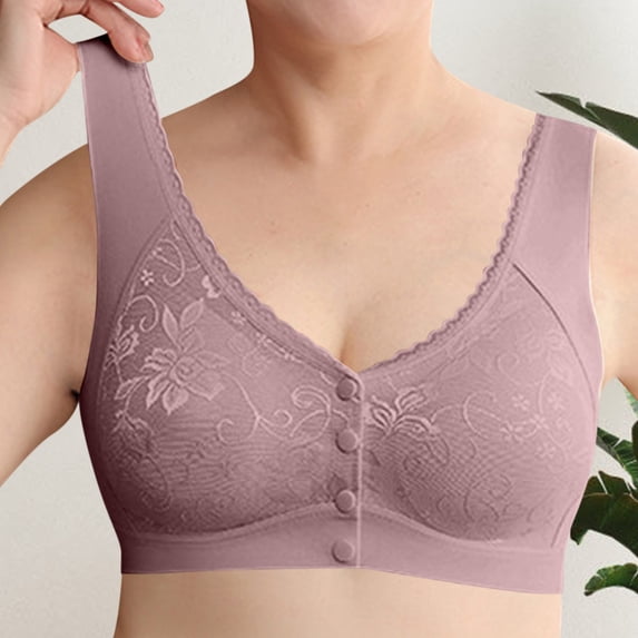 Gymayou Women Seamless Front Button Wireless Vest Bra for Middle-Aged Ladies Floral Jacquard Easy Front Snap Wide Strap Full Coverage Comfort Bralette Light Violet XL