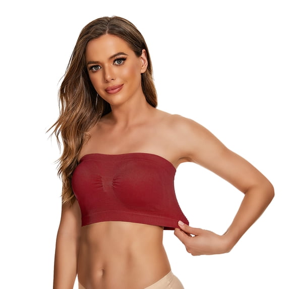 Gymayou Women Seamless Strapless Bandeau Bra Breathable Mesh Tube Top Stretch Wireless Wrap Top for Daily Under Outfits Wine 2XL