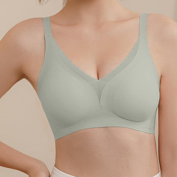Gymayou Women Seamless Wireless T-Shirt Bra Deep V Neck Comfort Everyday Lingerie Adjustable Thin Strap Smooth Support Bralette No Underwire Soft Green XL