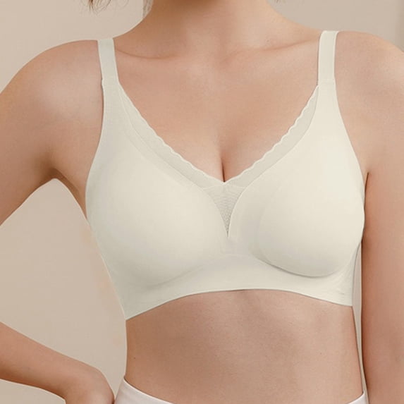 Gymayou Women Seamless Wireless T-Shirt Bra Deep V Neck Comfort Everyday Lingerie Adjustable Thin Strap Smooth Support Bralette No Underwire Soft White M