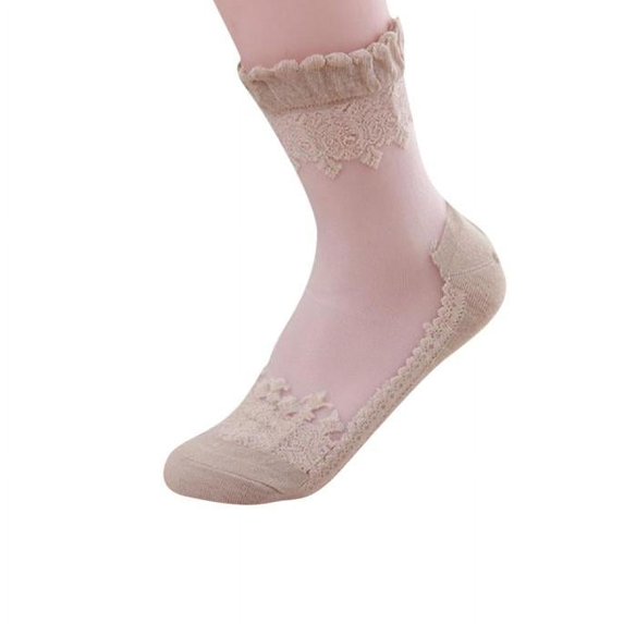 Gymayou Women Sheer Lace Ankle Socks Ultra Thin Elastic Mesh Short Socks Floral Lace Ruffle Trim Transparent Socks