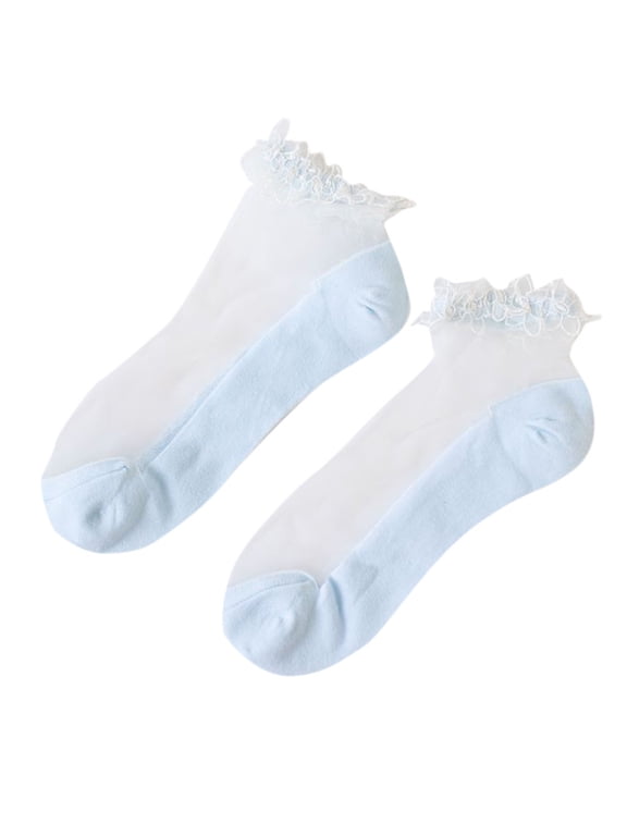 Women Sheer Lace Ruffle Ankle Socks Ultra Thin Transparent Mesh Short Socks Blue One Size