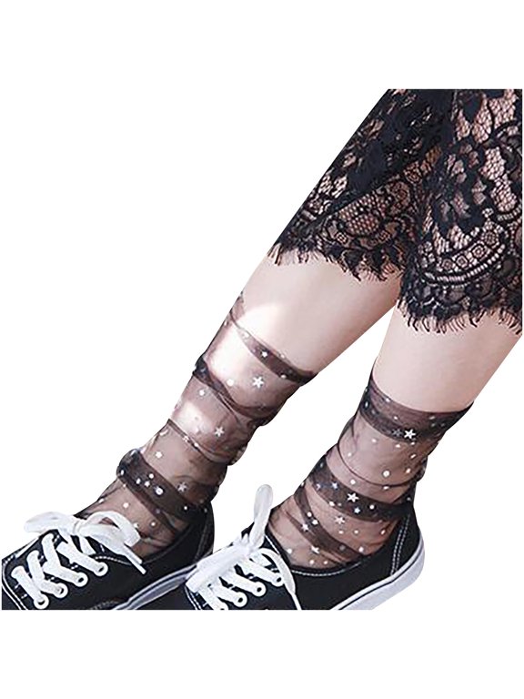Women Sheer Slouch Tulle Socks Shiny Glitter Novelty Loose Socks Black One Size