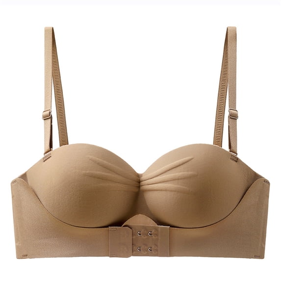 Gymayou Women Strapless Invisible Push Up Bra No Slip Clear Backless Padded Adjustment Bra Front Back Hook Closure Full Cup Smooth Seamless Lingeries Coffee S
