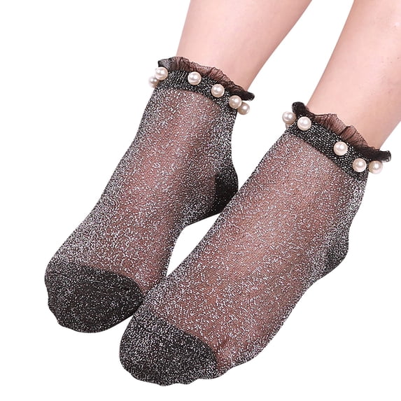Gymayou Women Summer Ankle Socks Stunning Pearls Frosted Glitter Socks Nylon Sheer Socks