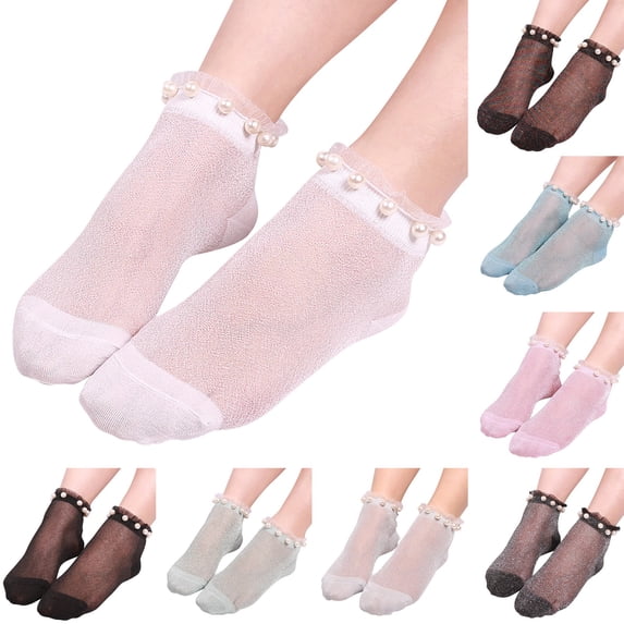 Gymayou Women Summer Ankle Socks Stunning Pearls Frosted Glitter Socks Nylon Sheer Socks