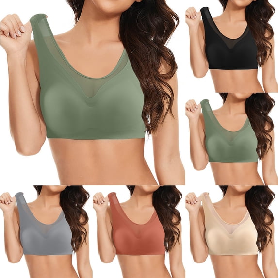 Gymayou Women Thin Breathable Seamless Wireless Bra V Mesh Beauty Back Fixed Molded Cup Vest Style Lingerie Sleep Bras Beige L