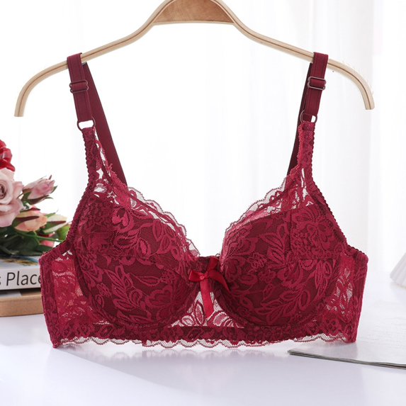 Gymayou Women Ultra Thin Unpadded Lace Bra Underwire Support Push Up Bra Lace Full Figure Plus Size Everyday Bra Adjustable Strap Breathable Wine 90C