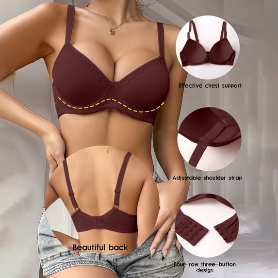 Gymayou Women Underwire Adjustment Bra With Delicate Lace Trim Smooth Molded Cup Push Up Bra Side Support Gather Full Coverage Bra Brown 80C