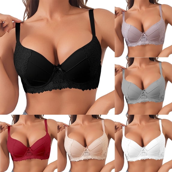 Gymayou Women Underwire Lace Push Up Bra French Floral Lace Edge Gathering Support Lingerie Adjustable Thin Strap Full Coverage Comfort Everyday Bra Beige 70B