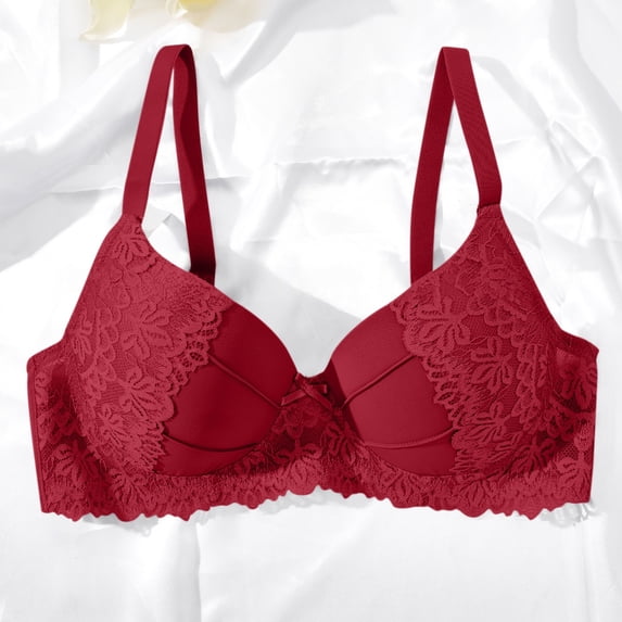 Gymayou Women Underwire Lace Push Up Bra French Floral Lace Edge Gathering Support Lingerie Adjustable Thin Strap Full Coverage Comfort Everyday Bra Red 85B