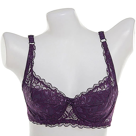 Gymayou Women Underwire Thin Lace Bra Breathable Floral Lace V Neck Bralette Adjustable Strap Lightweight Purple L