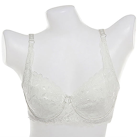 Gymayou Women Underwire Thin Lace Bra Breathable Floral Lace V Neck Bralette Adjustable Strap Lightweight White 2XL