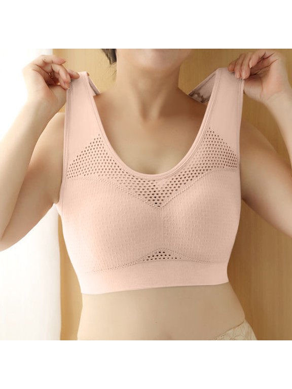 Women Wireless Sports Bra Breathable Mesh Beauty Back Padded Bra Support Lift Anti Sag Full Coverage Seamless Thin Cup Workout Bra Beige 2XL